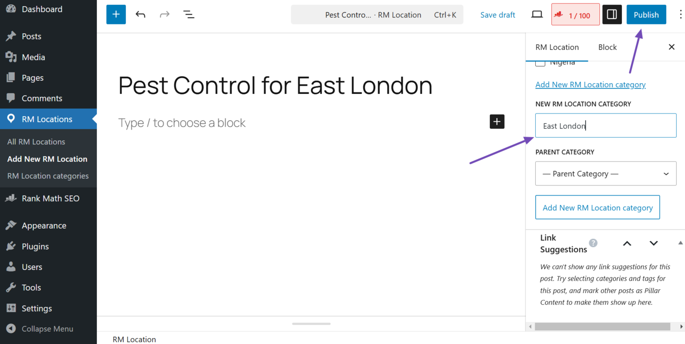 Enter the location and publish or save the webpage