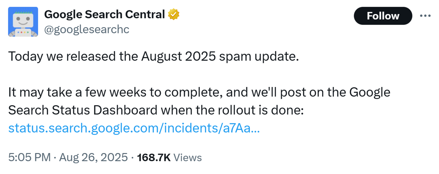 Google announces the August 2025 Spam Update on X