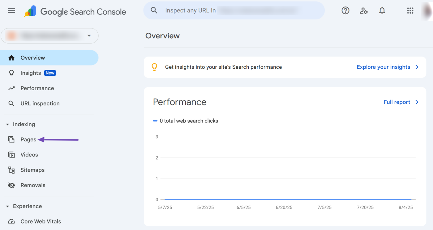 Log into Google Search Console and click pages