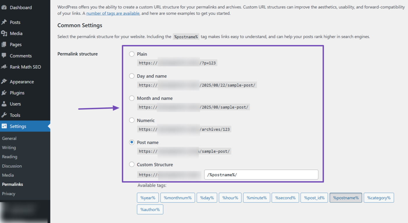 Overview of the permalinks available in WordPress