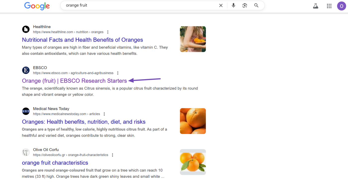 Sample of a clicked anchor text on Google results pages