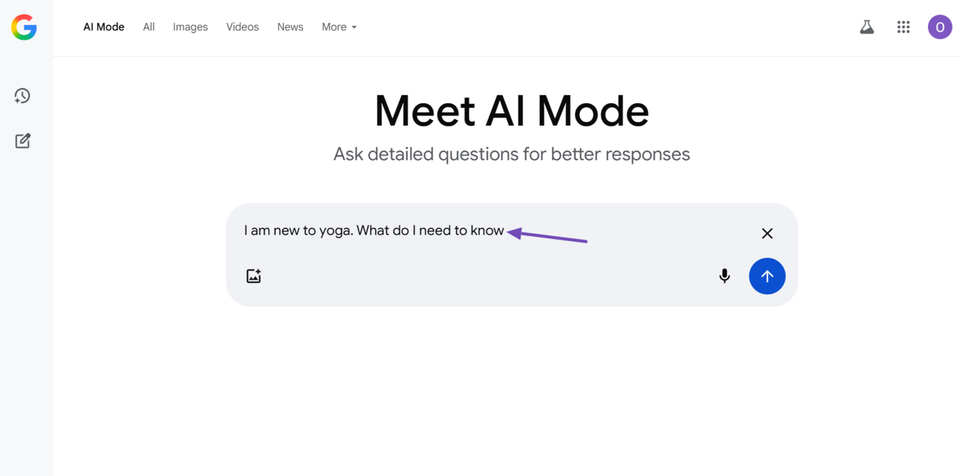Sample of a query entered into AI Mode