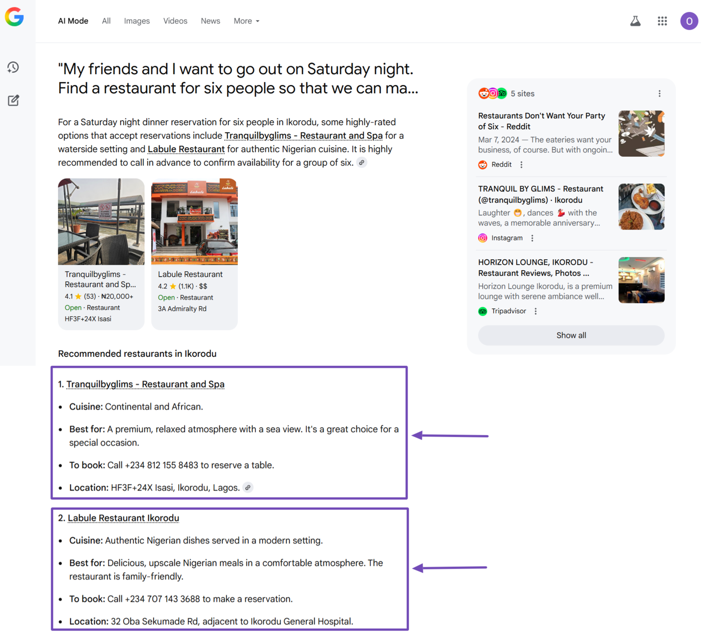 Sample of an AI Mode results page
