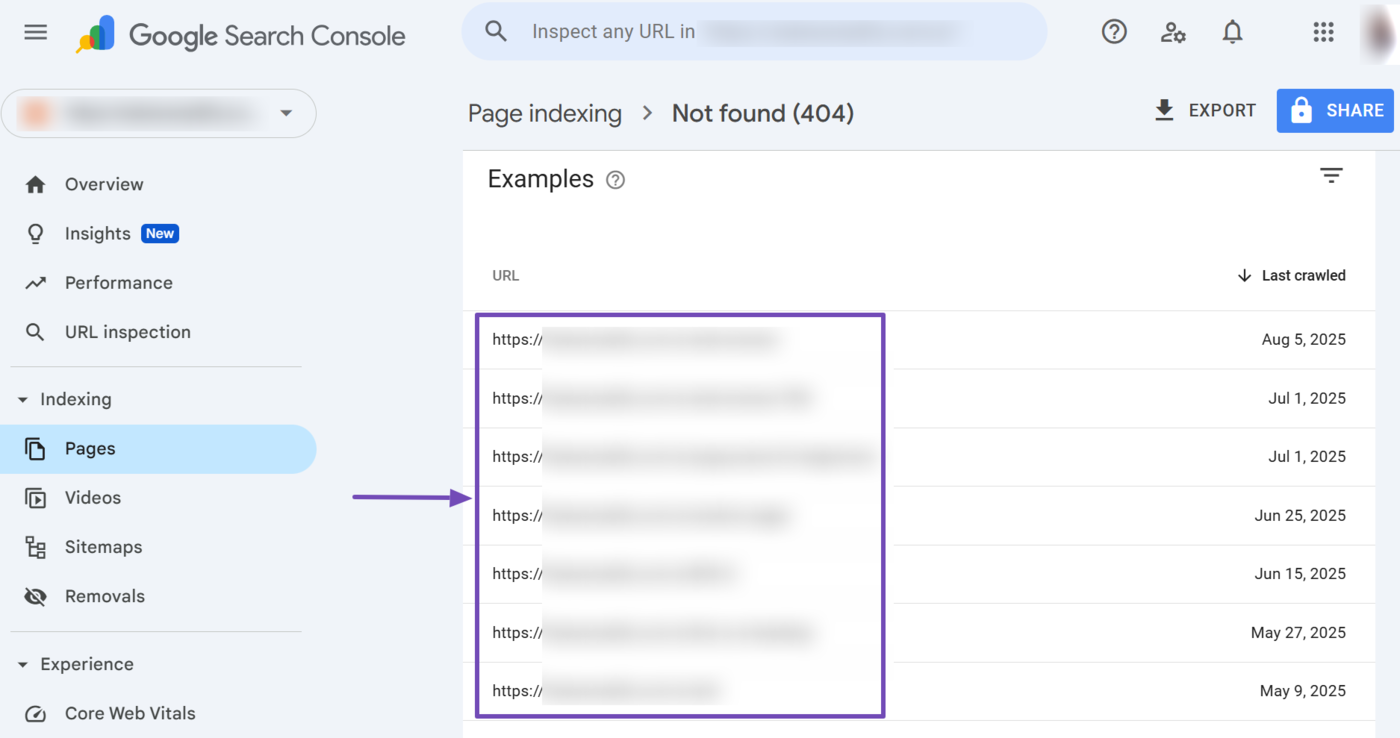 Sample of the 404 missing pages on a site