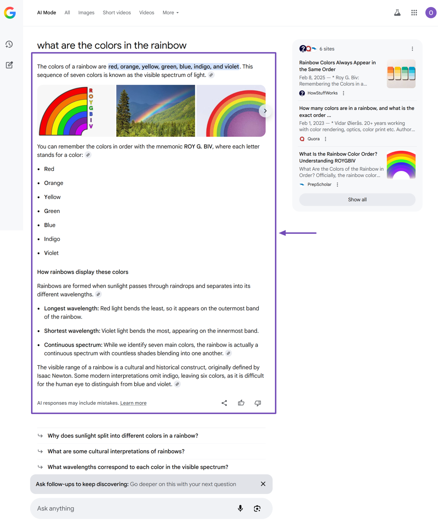 Sample of the AI Mode response for a query