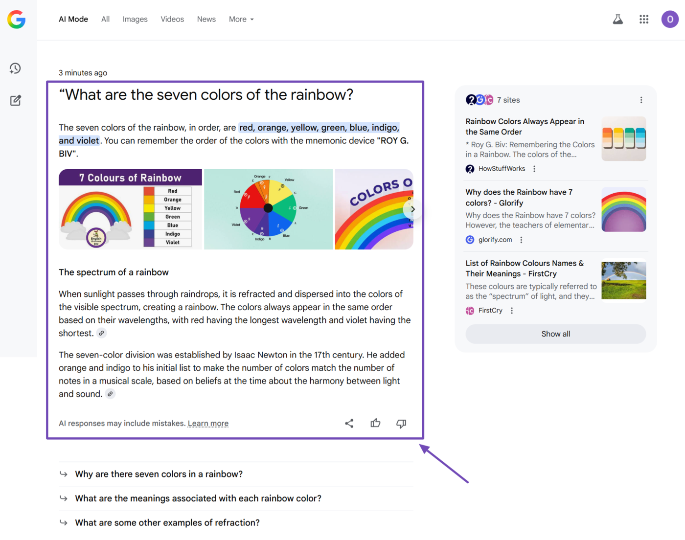 Sample of the AI Mode results for a query