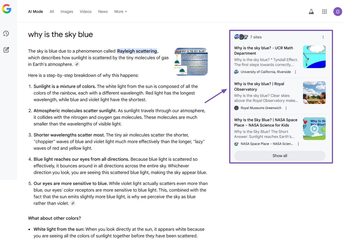 Sample of the AI Mode webpage
