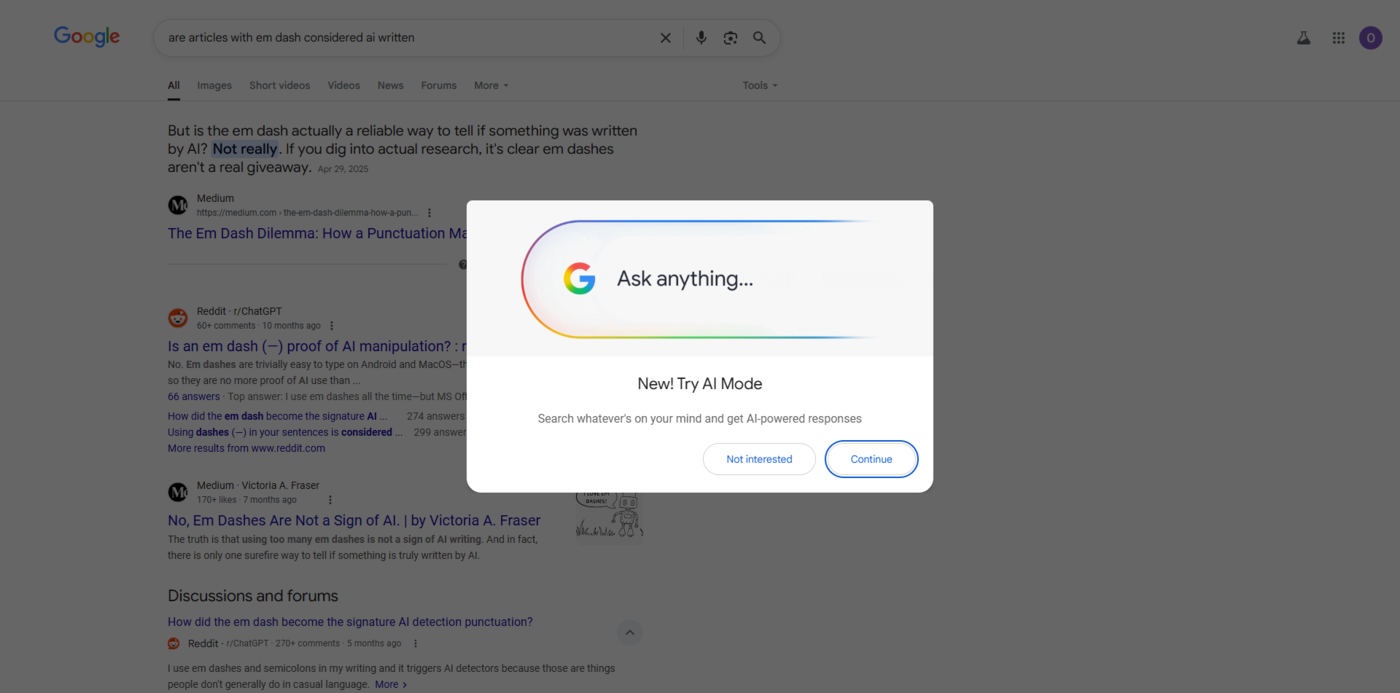 Sample of the Google option to test the AI Mode
