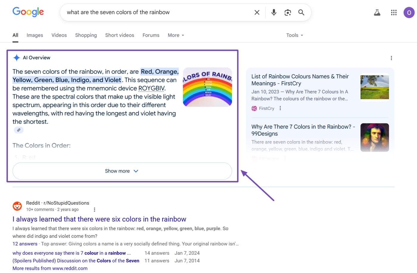 Sample of the Google results page for the same query