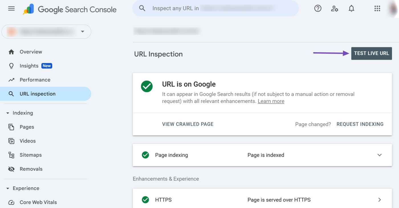 Sample of the Test Live URL option