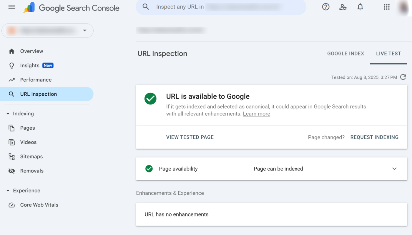 Sample of the Test live URL results