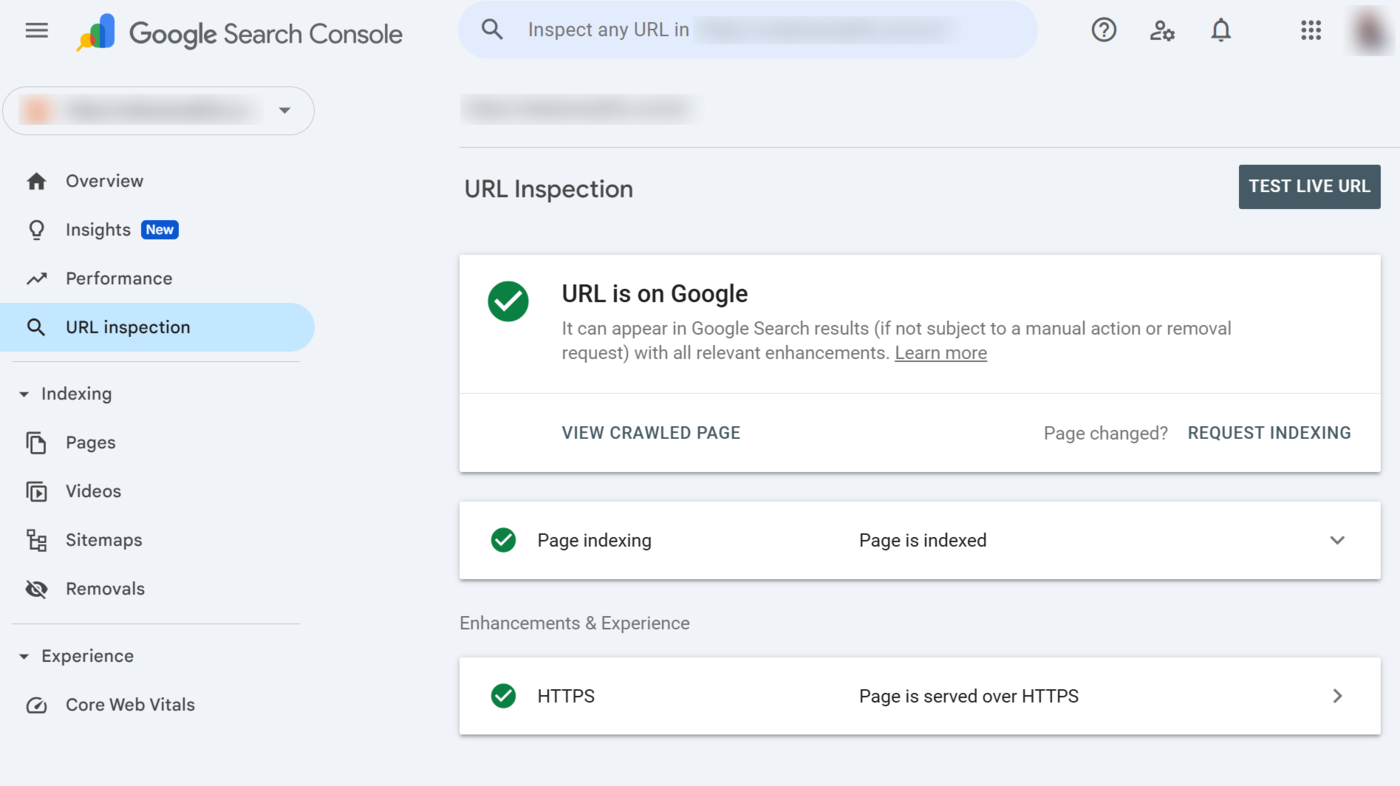 Sample of the URL inspection tool report
