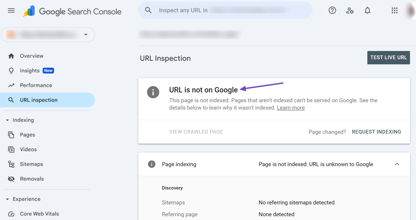 Sample of the URL is not on Google field