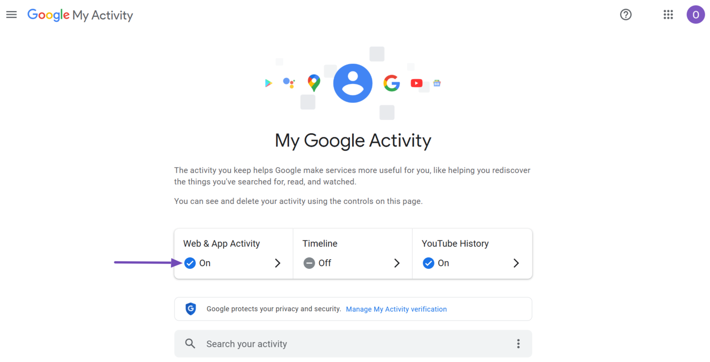 Sample of the Web & App activity in Google Activity settings