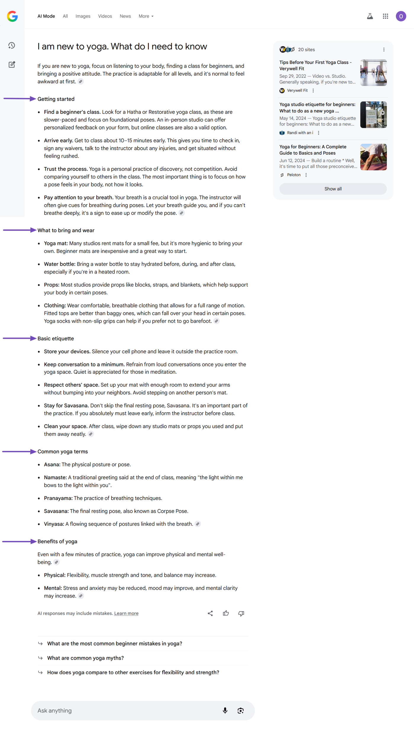 Sample of the sub-queries AI Mode responded to