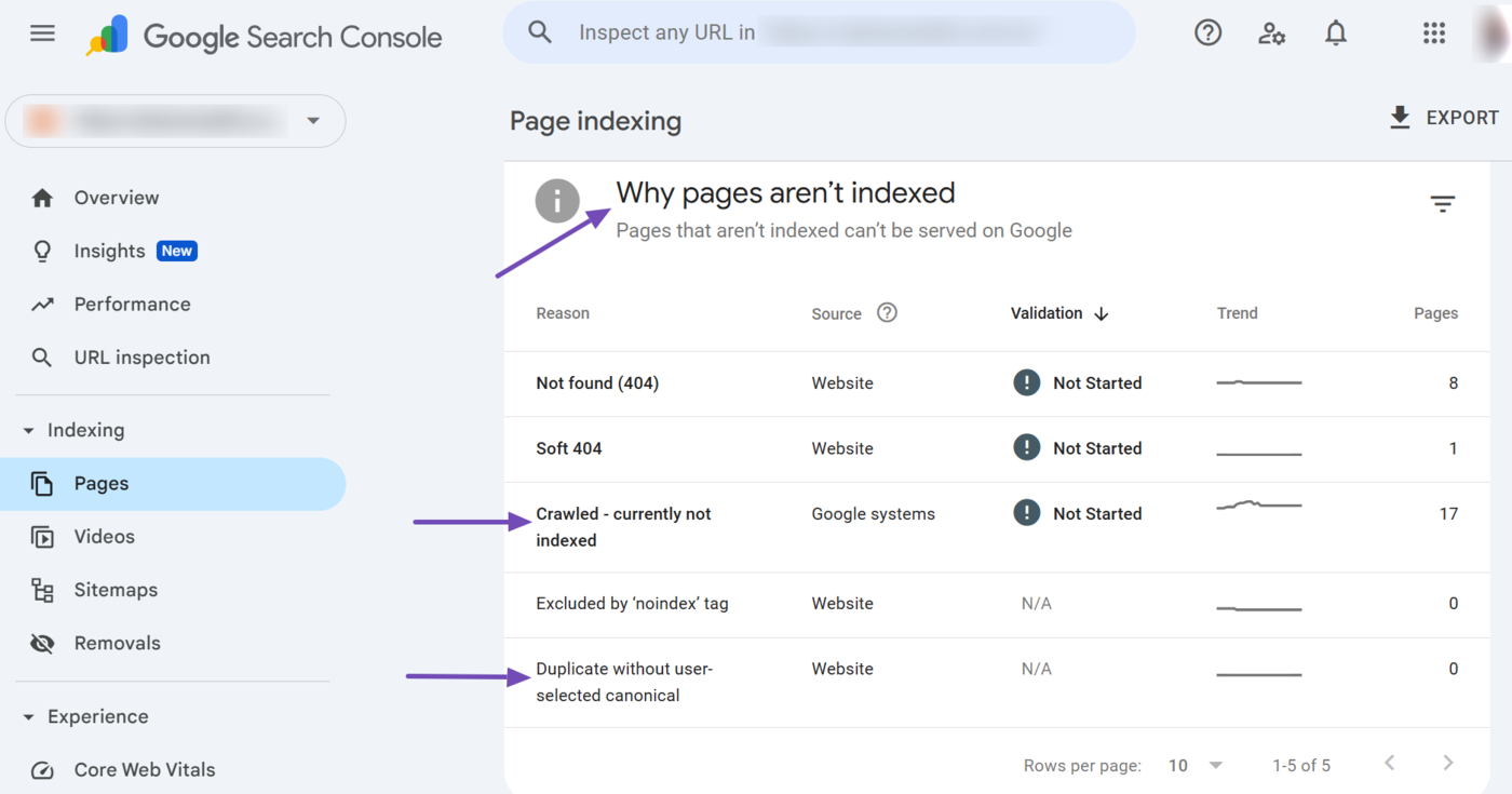 Scroll down to the Why pages aren’t indexed field