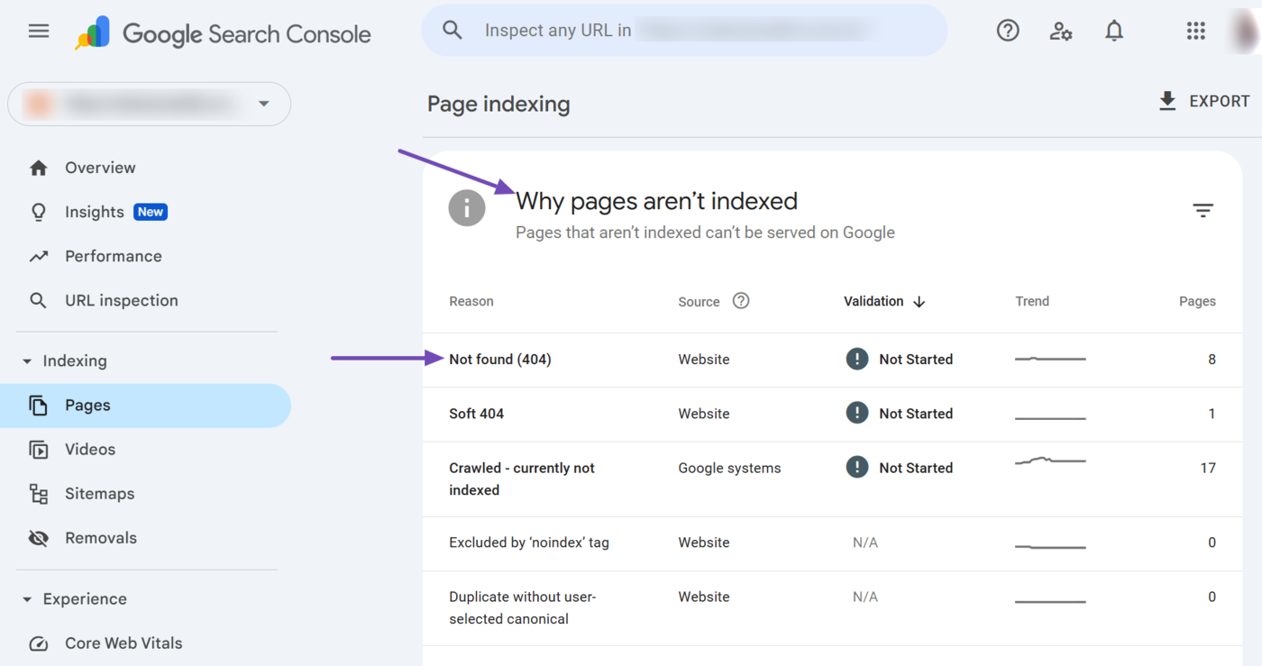 Scroll to the Why pages aren't indexed section and click Not found (404)