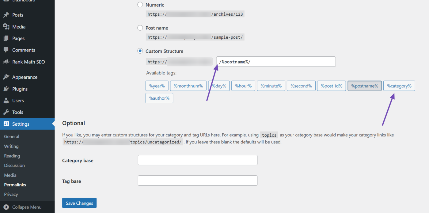 Select Category to configure your Custom structure 