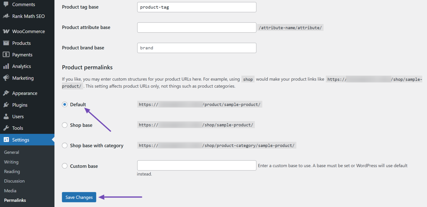 Select Default and click Save Changes