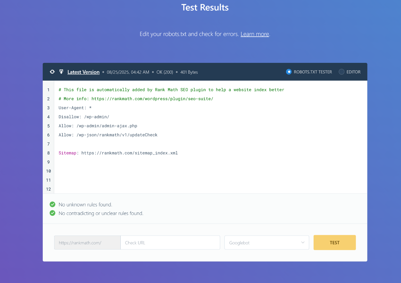 Use Rank Math robots.txt validator