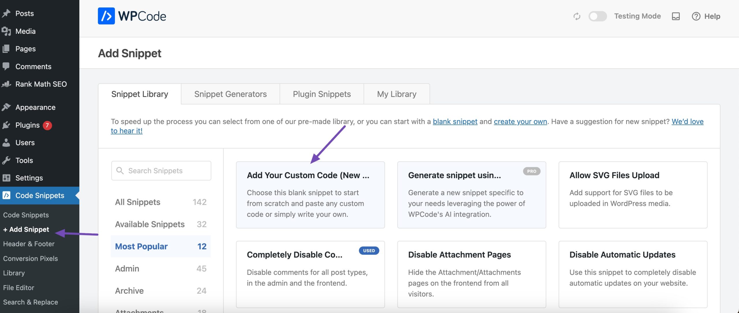 Add custom code snippet