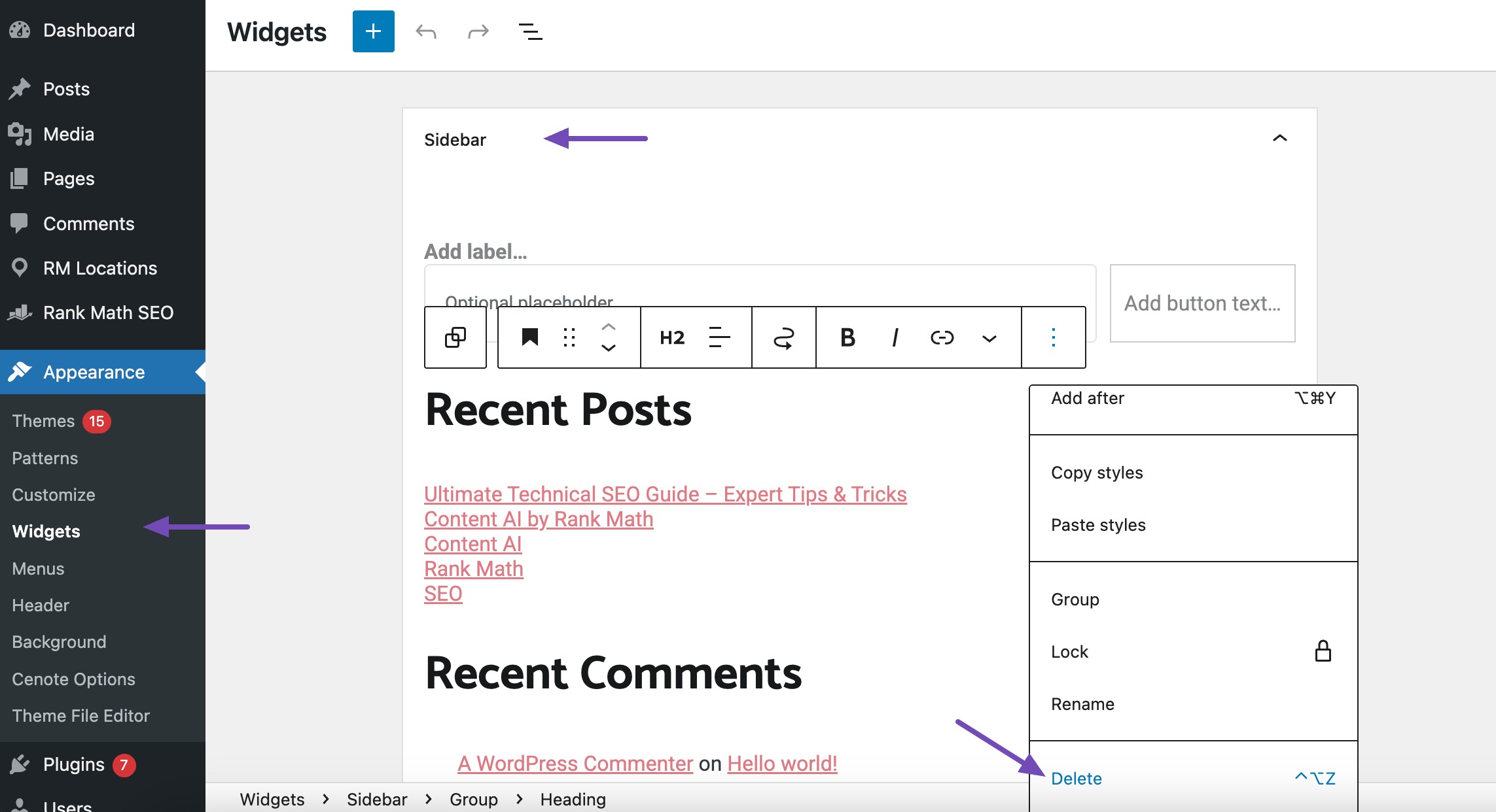 Delete sidebar from Widget