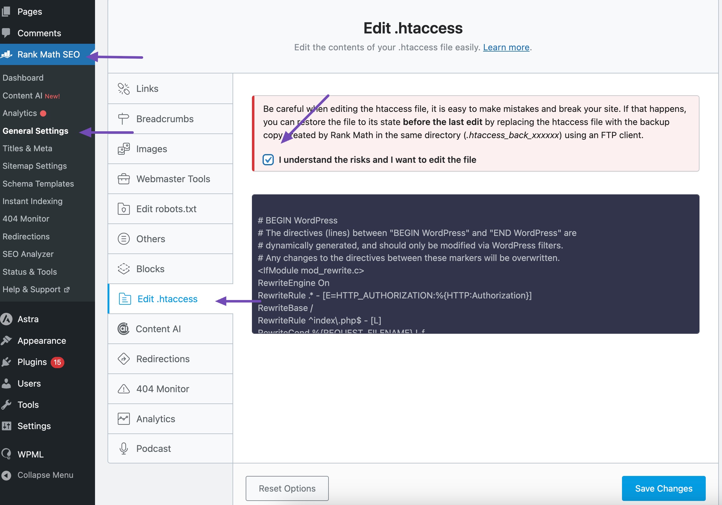 Edit .htaccess file in Rank Math