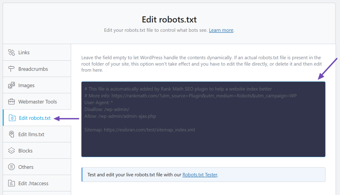 edit your robots.txt file with Rank Math