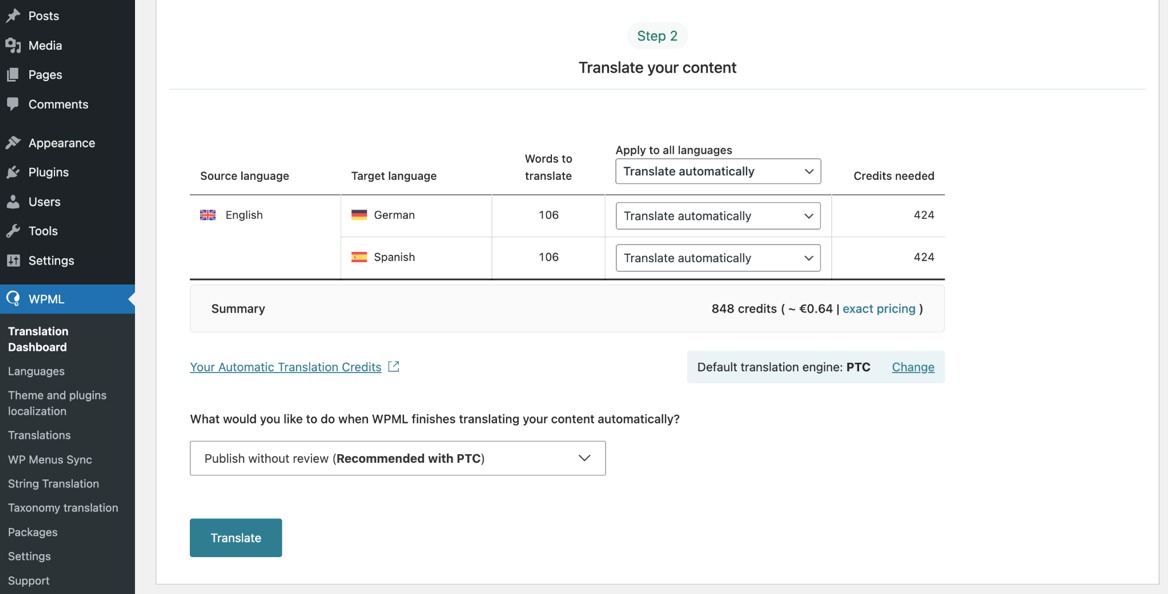 Select Translate automatically option