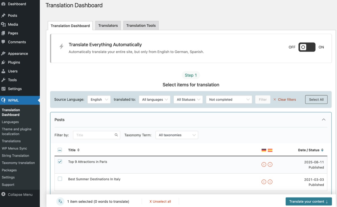 Translation dashbaord