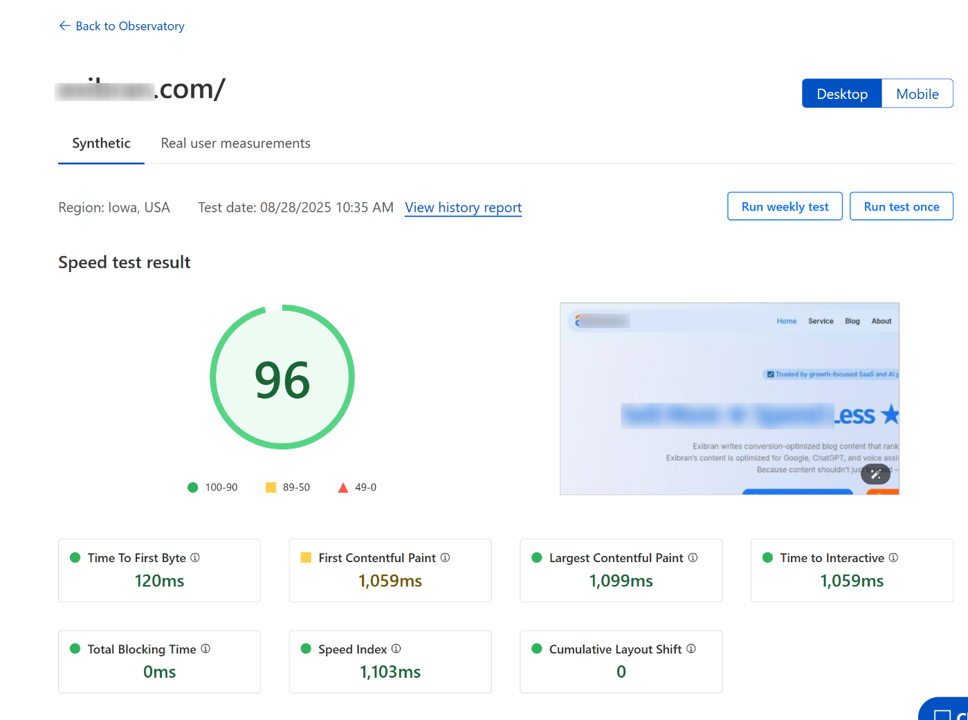 Cloudflare’s Observatory speed test result