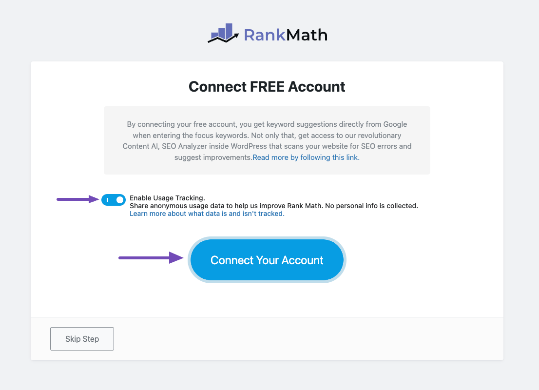 Connect your Rank Math account in WordPress