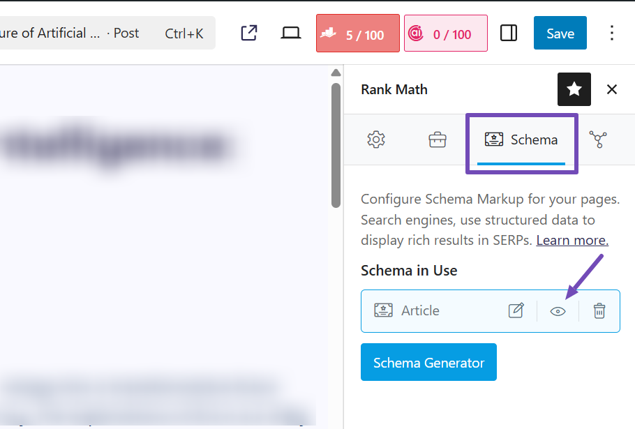 Open the Schema in use in Rank Math