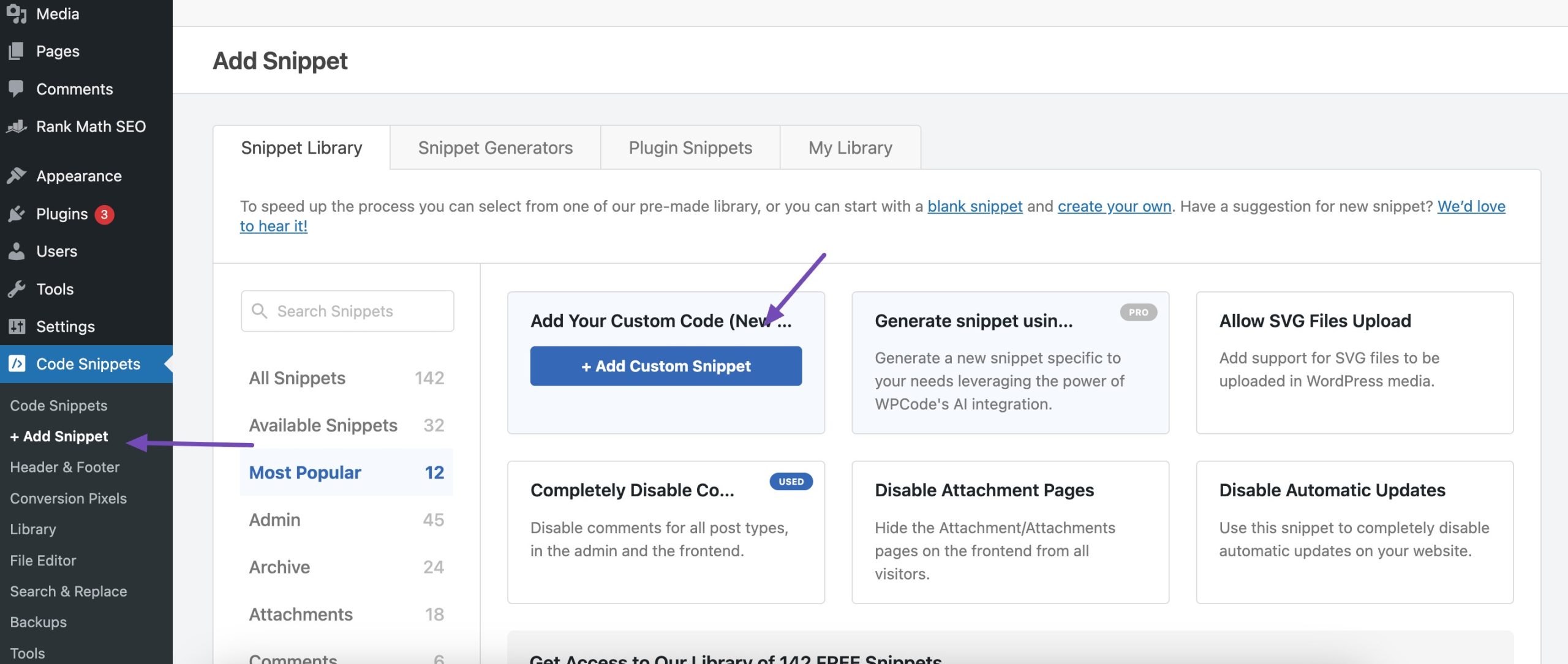 Click the Use Snippet button in WPCode