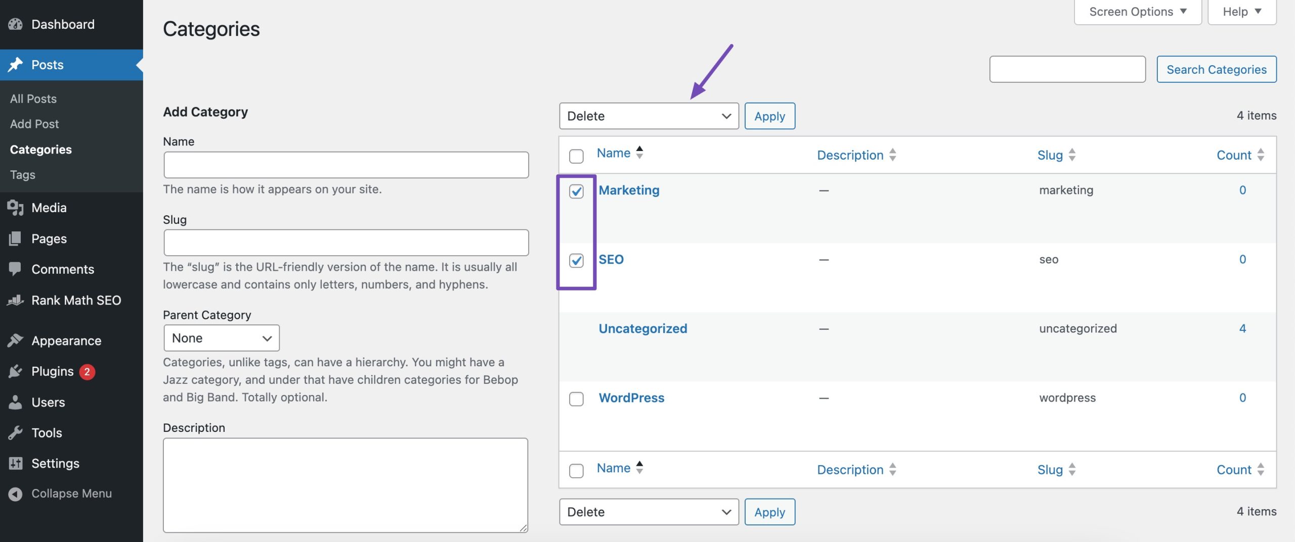 delete categories in bulk