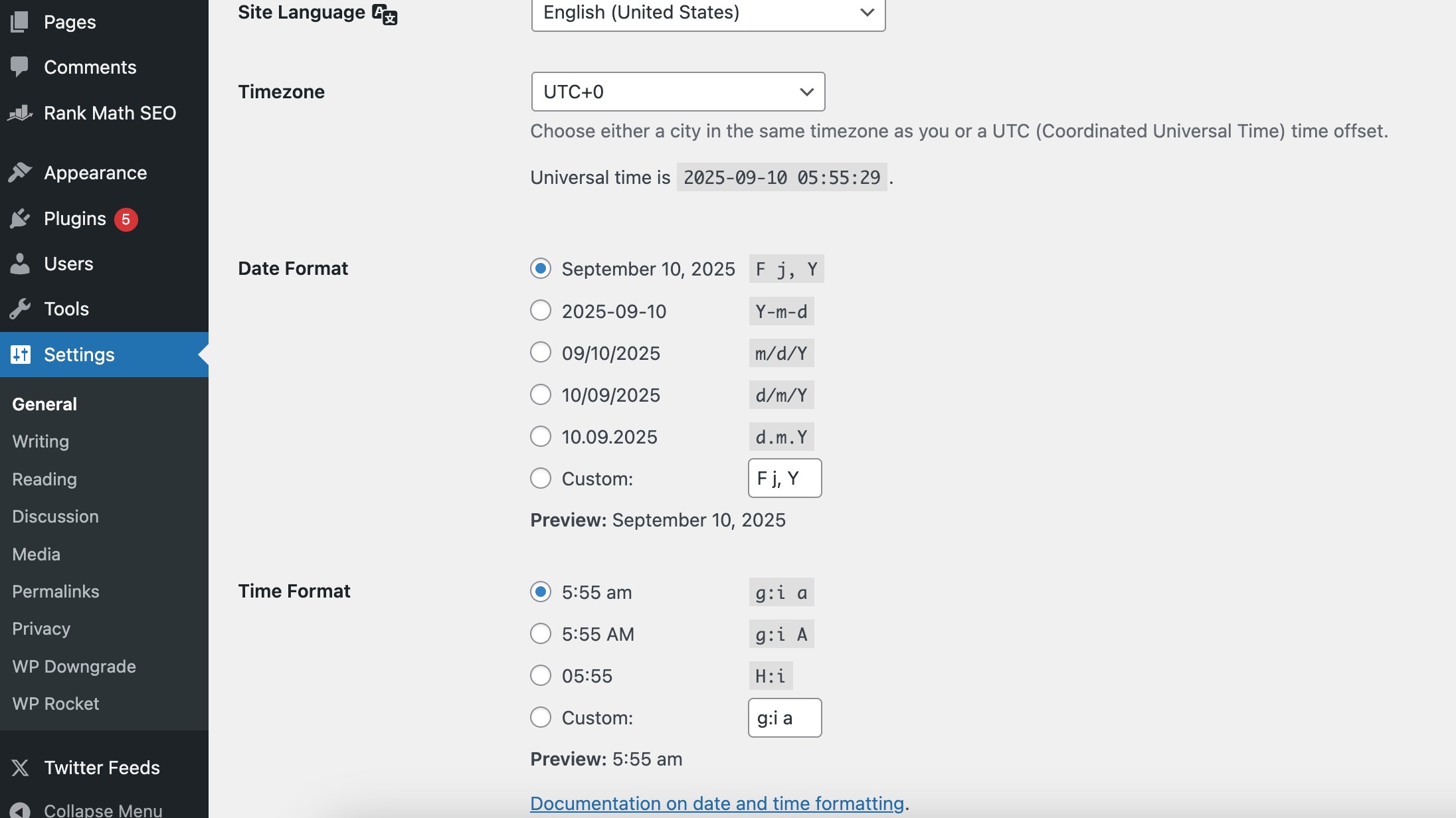 change the date and time format in WordPress