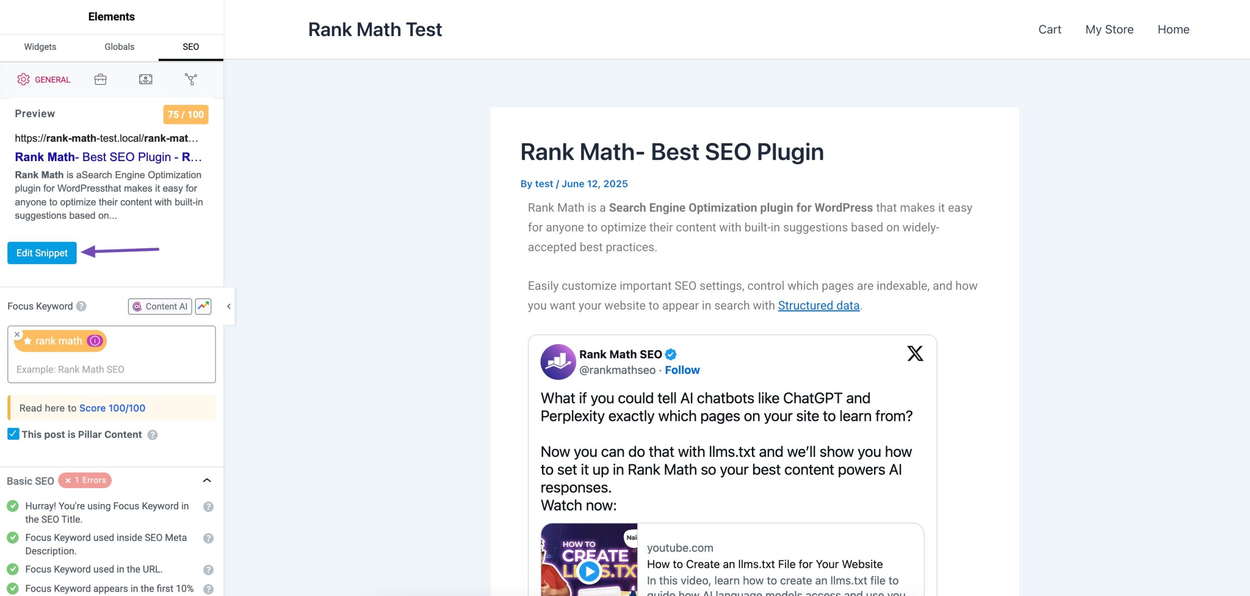 Elementor Edit SEO Snippet