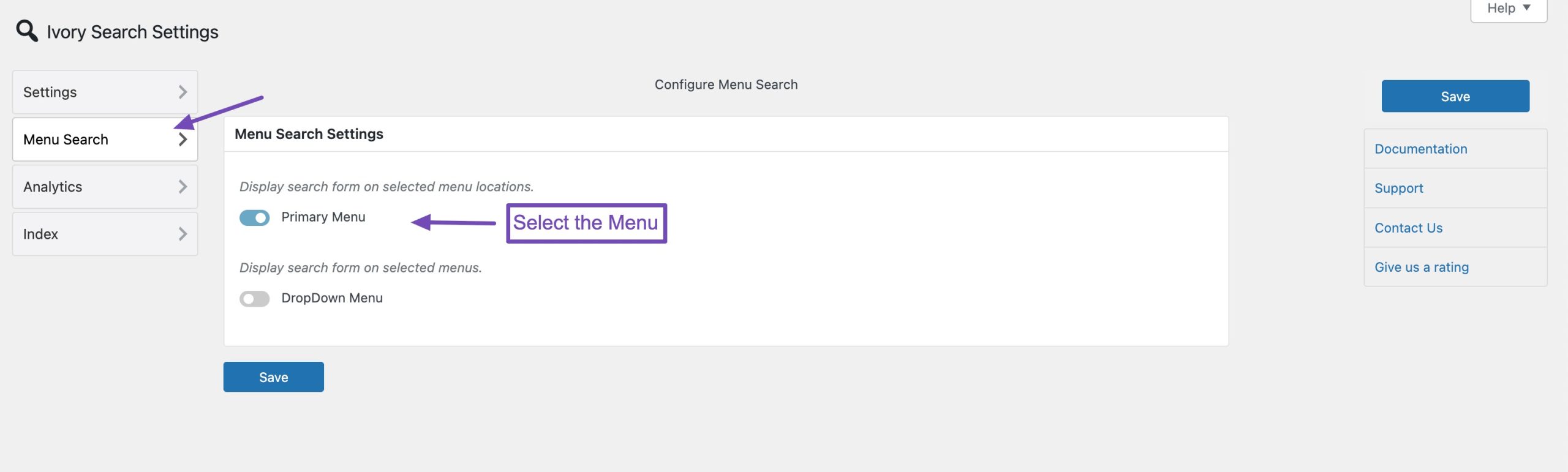 Select the menu where you want to add a search bar