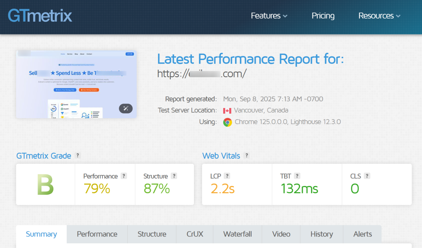 page speed test on GTmetrix