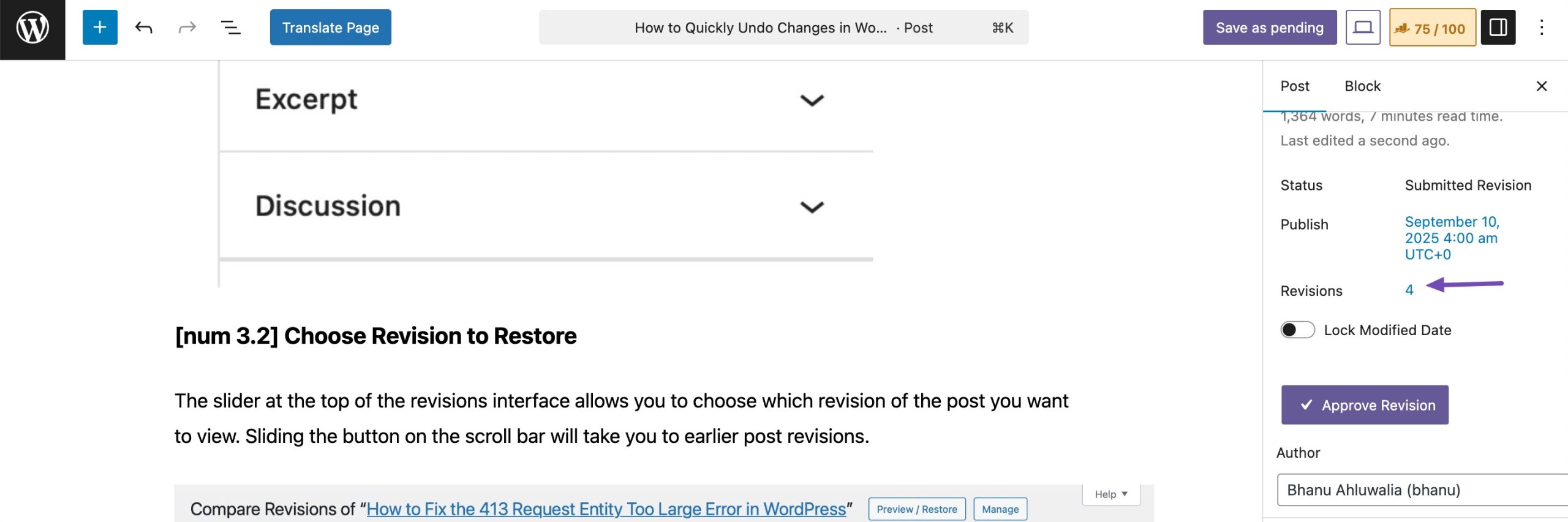 Revision edits to undo changes in WordPress