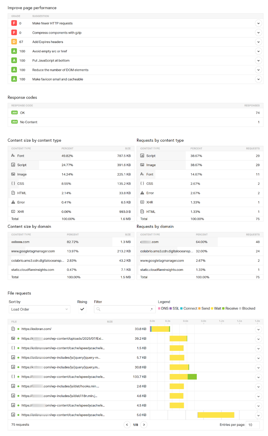 site speed test results