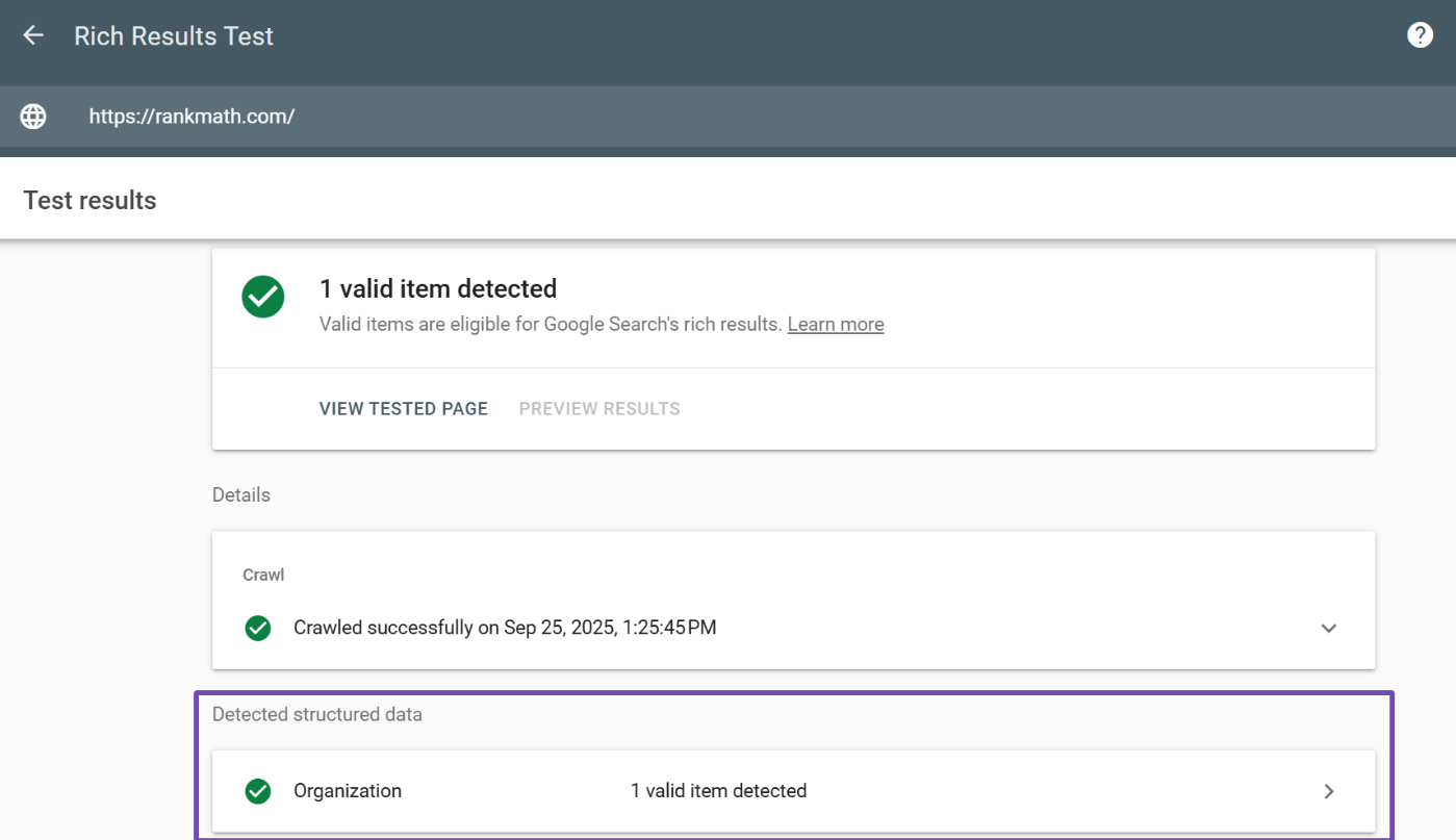 structured data detected on Google