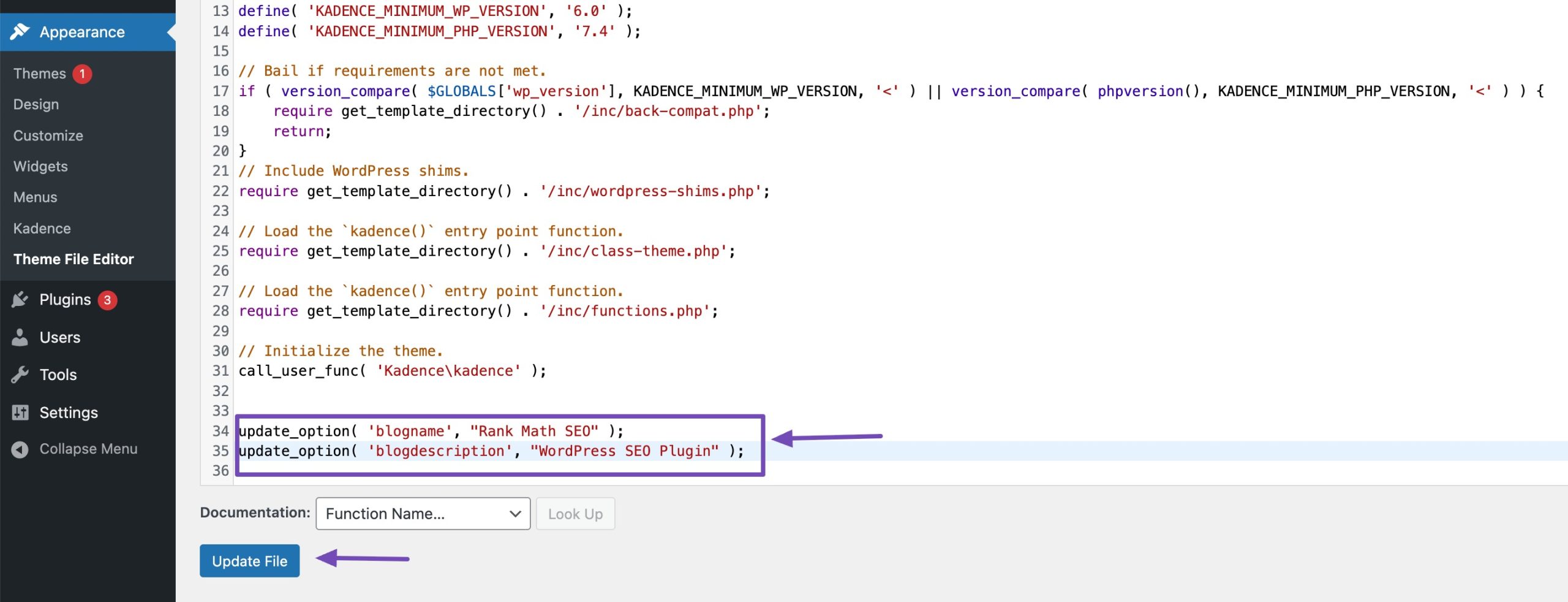 Add code snippet to change the site title in WordPress