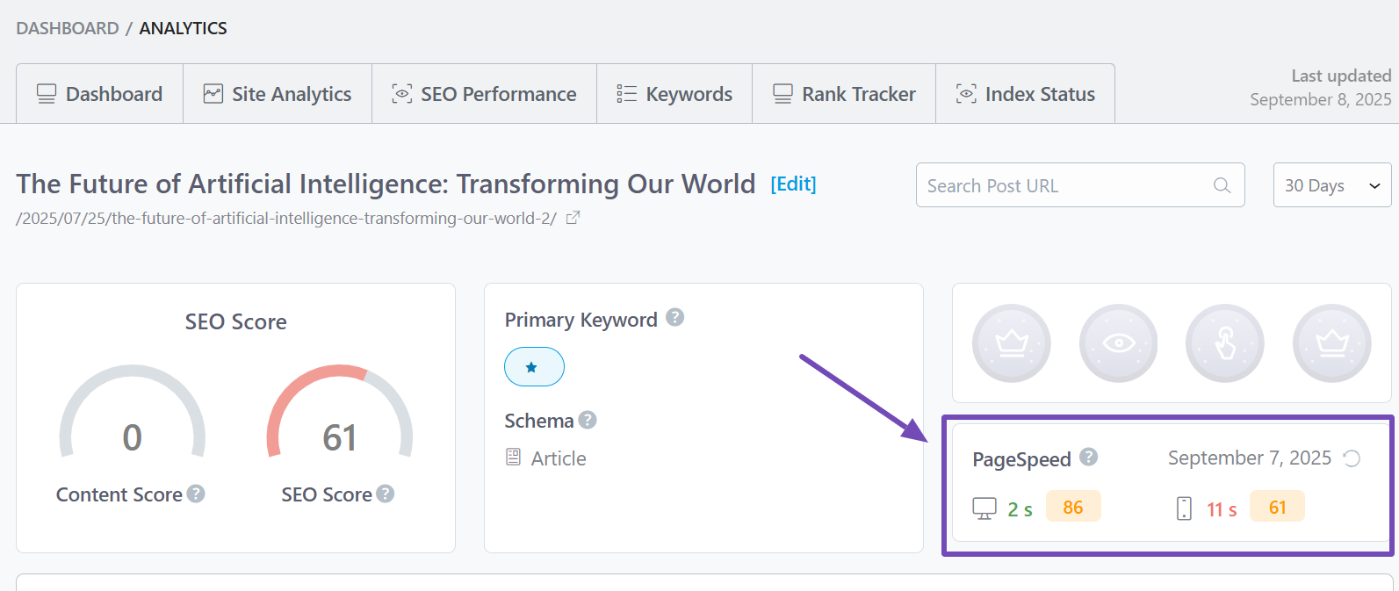 view pagespeed via Analytics in Rank Math