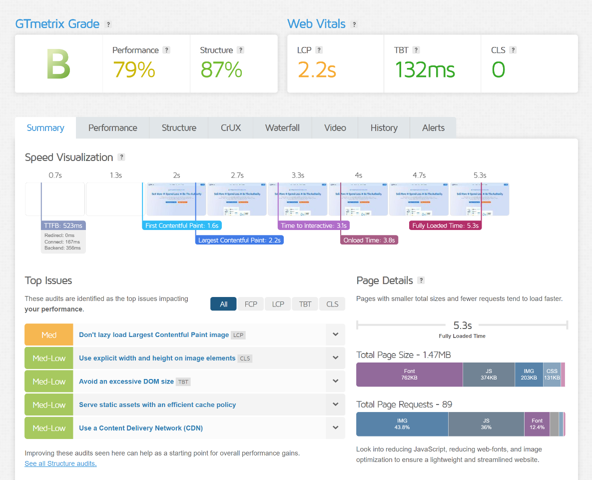 website speed test result