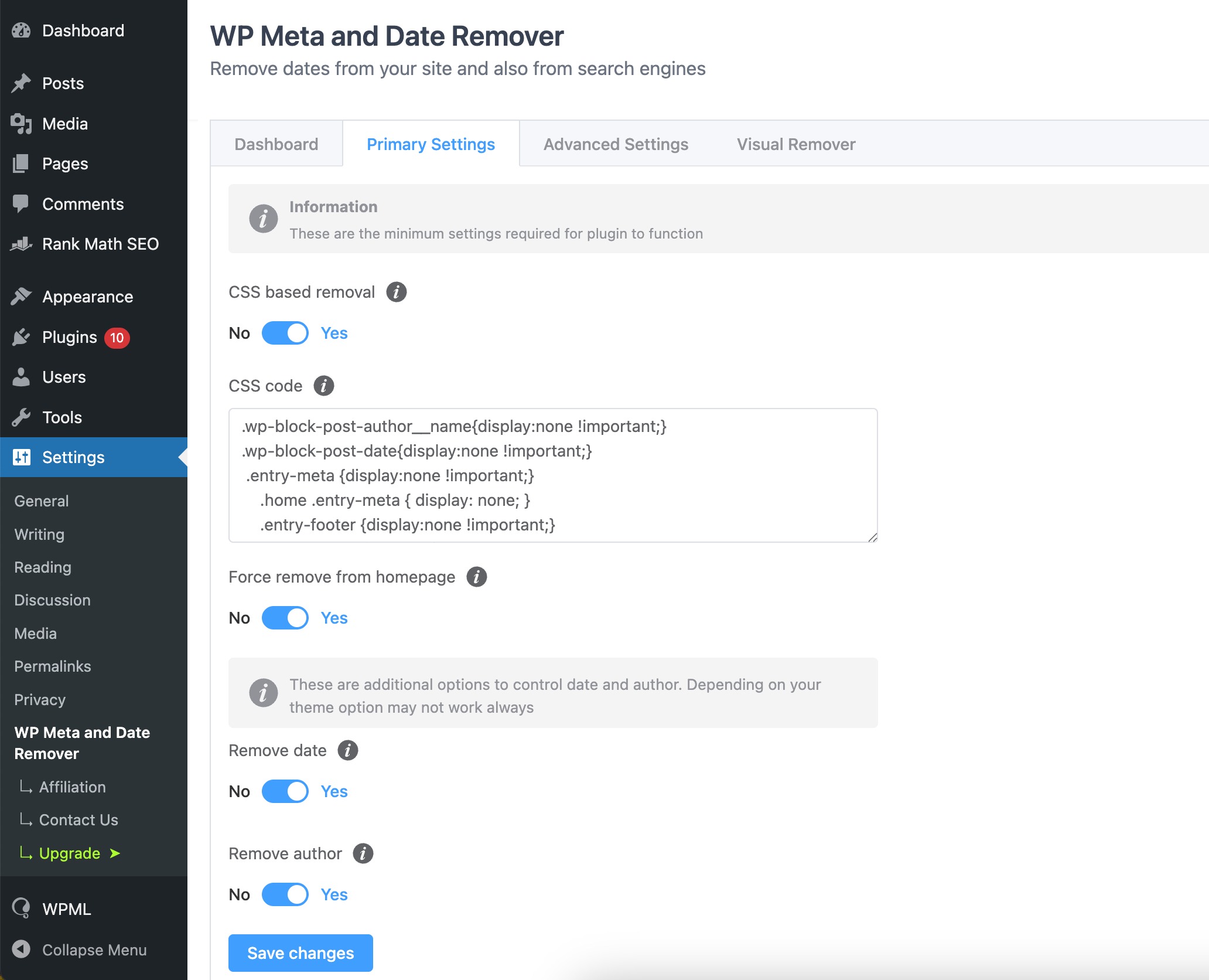 WP Meta and Date Remover settings