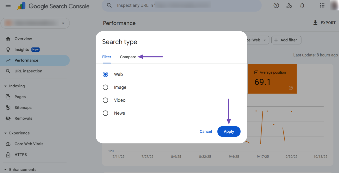 Additional options in the average position search type filter in Google Search Console