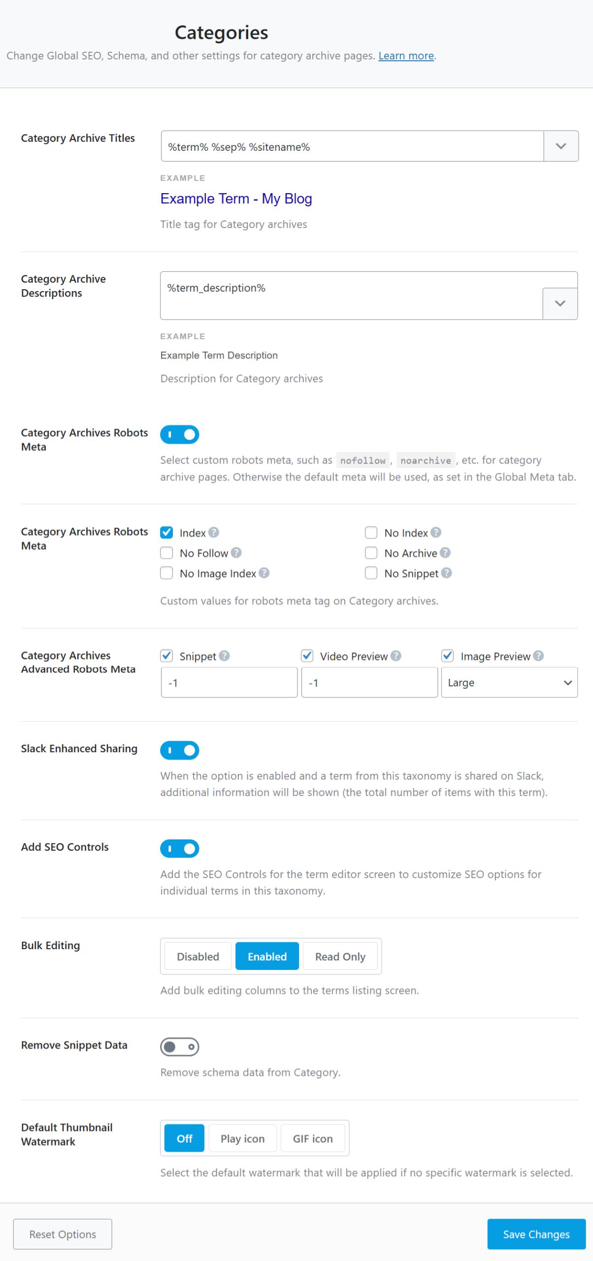 All options in the Categories tab