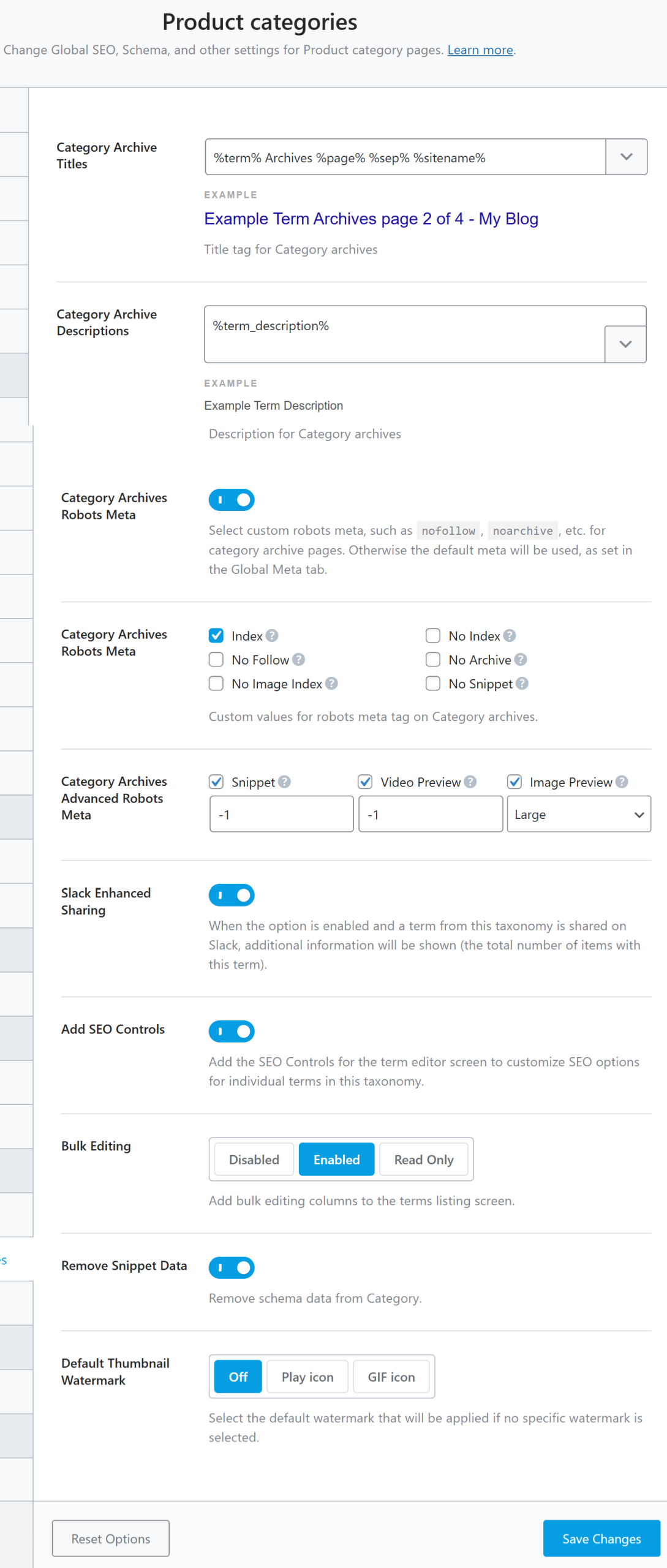 All options in the product categories section