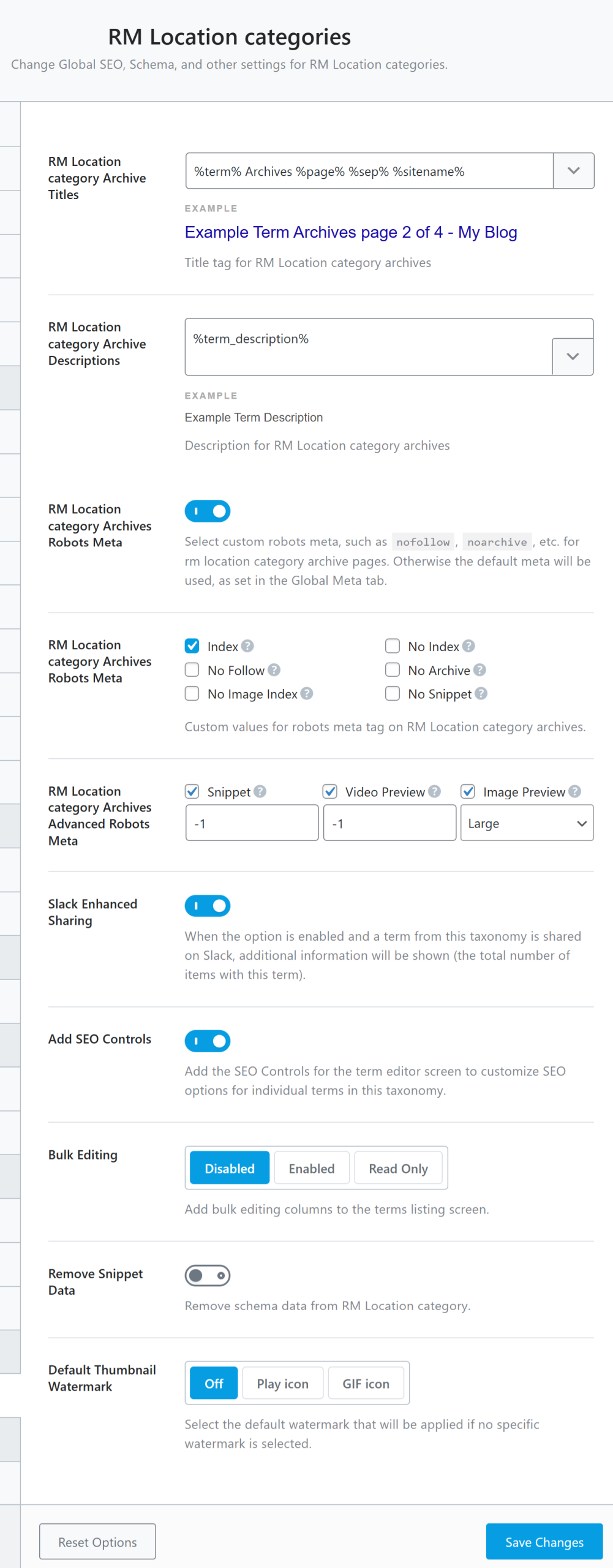 All settings available in RM Location categories